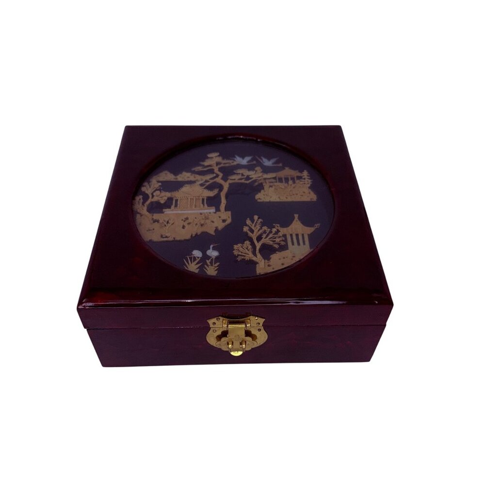 Vtg Chinese Diorama Lacquered Jewelry Box‎ with Inlaid Scene Red Silk Interior